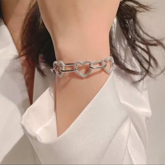 SunEE Jewelry - Certified Moissanite Diamond Fully Ice Heart Link Bracelet Solid 925, 7"